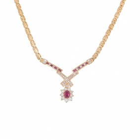 Yellow Gold Diamond And Ruby Necklace